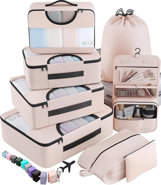 8 Set Packing Cubes for Luggage,Suitcase Organizer in 4 Sizes with Hanging Toiletry Bag and Large Laundry Bag, Carry-On Luggage with Accessories Bag, Cream