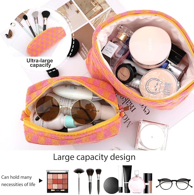 EIMMBD Makeup Bag 3 Pieces Large Capacity Checkered Cosmetic Bags Travel Toiletry Bag Organizer Cute Makeup Pouch Storage for Women(Orange & Pink)
