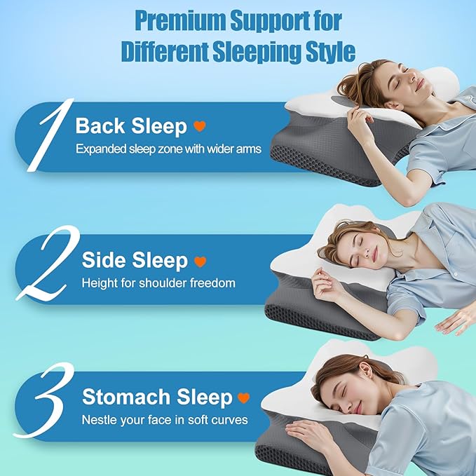 Cervical Neck Pillow for Sleeping, Memory Foam Pillow for Neck Support, Set of 2, Ergonomic Pillow for Pain Relief, Contour Bed Pillow for Side Back Stomach Sleepers, Grey, Queen Size