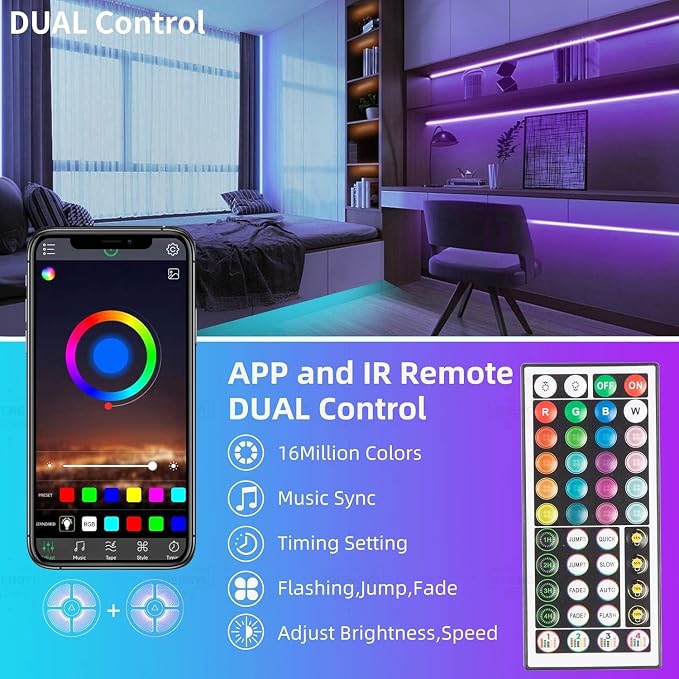 KSIPZE Led Lights for Bedroom 50ft Led Strip Lights with Remote App Control | RGB Color Changing Music Sync for Room Bedroom Lighting Flexible Home Décor