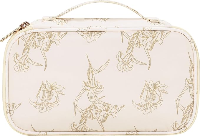 Relavel Travel Makeup Bag, Small Floral Cosmetic Bag with Makeup Brush Compartment, Portable Makeup Pouch for Women, Double Layer Cute Toiletry Organizer Bag, Lily Floral
