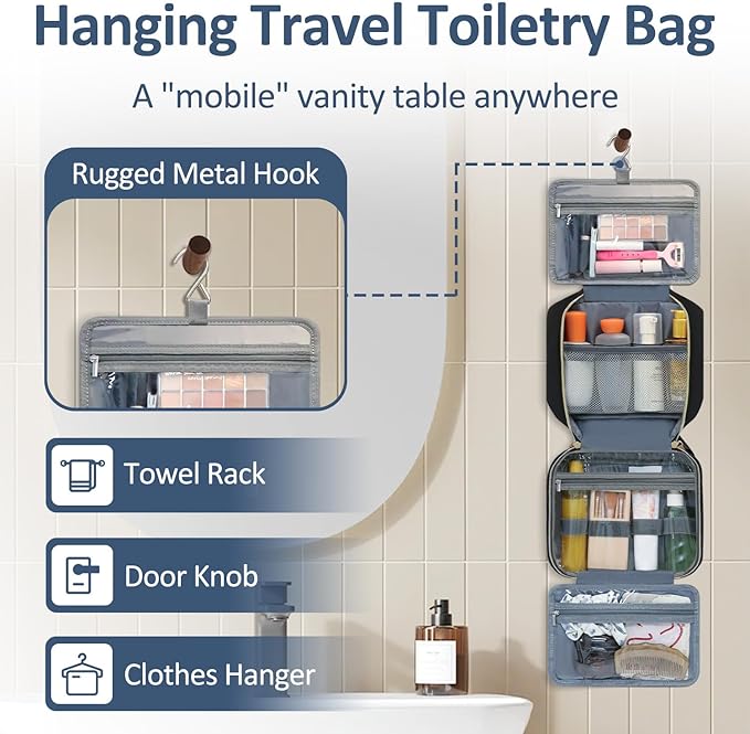Large Travel Toiletry Bag for Women with Hanging Hook, Waterproof TSA Approved Cometic Toiletry Bag Organizers Leakproof Make up Bags for Women Black