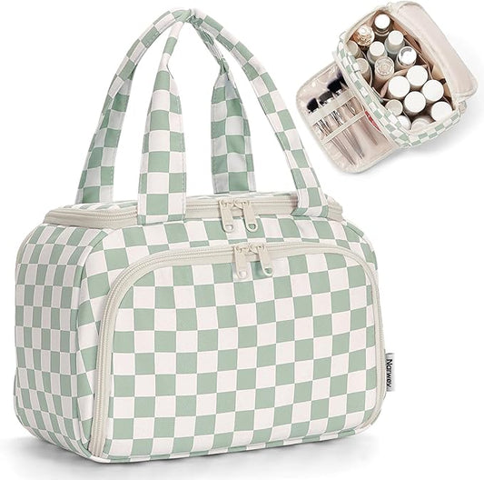 Narwey Checkered Travel Toiletry Bag for Women Large Makeup Bag, Wide-open Cosmetic Make Up Organizer with Handle, Travel Bag for Toiletries, Essentials, Accessories (Mint Green Checkerboard)
