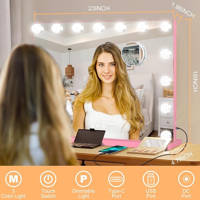 Moonee Vanity Mirror with Lights, Pink Hollywood Lighted Makeup Mirror with 15 Dimmable Bulbs and 10X Magnification, 3 Colors Modes, Aluminum Metal Frame, Light Up Mirror for Tabletop/Wall（23" x 18"）