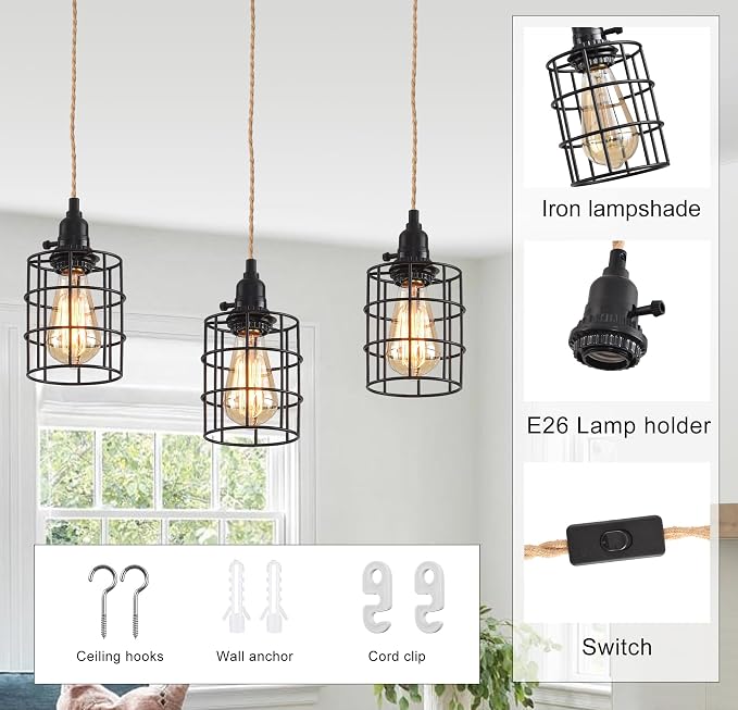 3-Light Hanging Light with Plug in Cord,Plug in Pendant Light 22ft Hemp Rope Pendant Lighting Vintage 3-Light Hanging Lamp Fixtures for Kitchen Island Living Room Bedroom