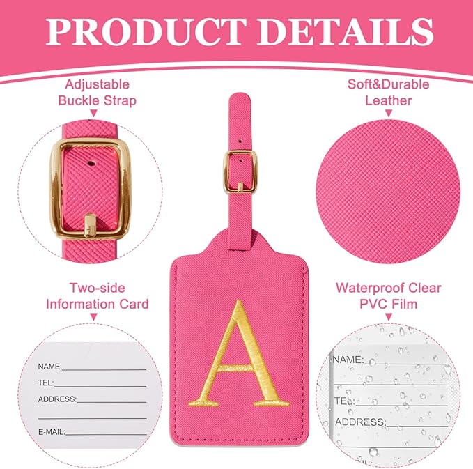 Personalized Initial Luggage Tags for Suitcases,Leather Letter Cute Luggage Tags with Privacy Name Card,Embroidered Monogrammed Travel Bag Backpack Tag Gifts for Women Kids Girls Teens(Rosered-A)