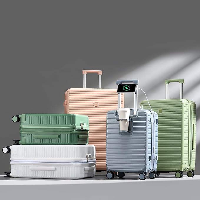 HanTrip 28 Inch Luggage Hard Shell Suitcases, Expandable Travel Checked Luggage 28 Inch, Large Check In Luggage with Spinner Wheels Cup Holder Charger Built in Lightweight Suitcase, White