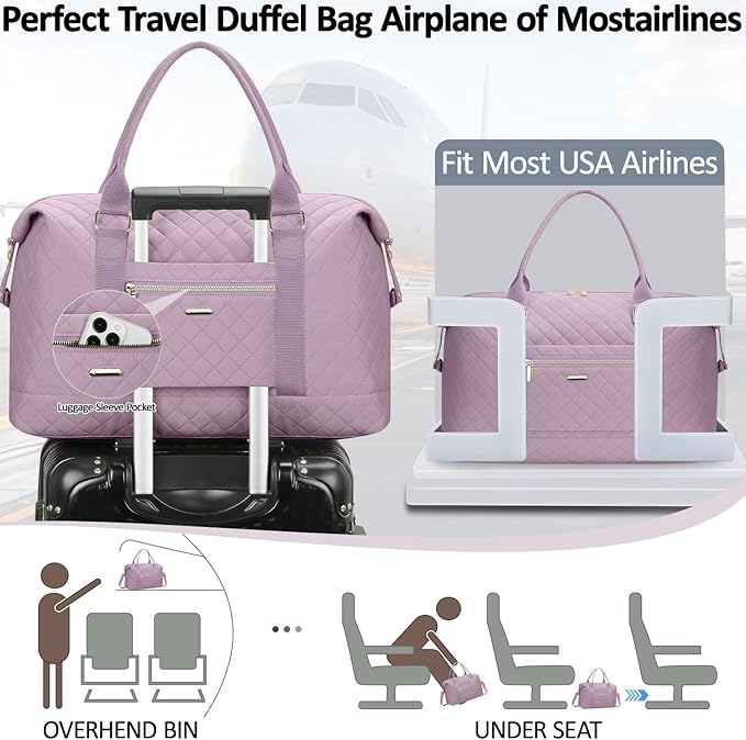 Quilted Travel Duffle Bag for Travel Women with Toiletry Bag, Large Weekender Bags for Women Carry on Duffel Overnight Bag, Waterproof Travel Tote Bags for Sports, Weekender, Business, Purple