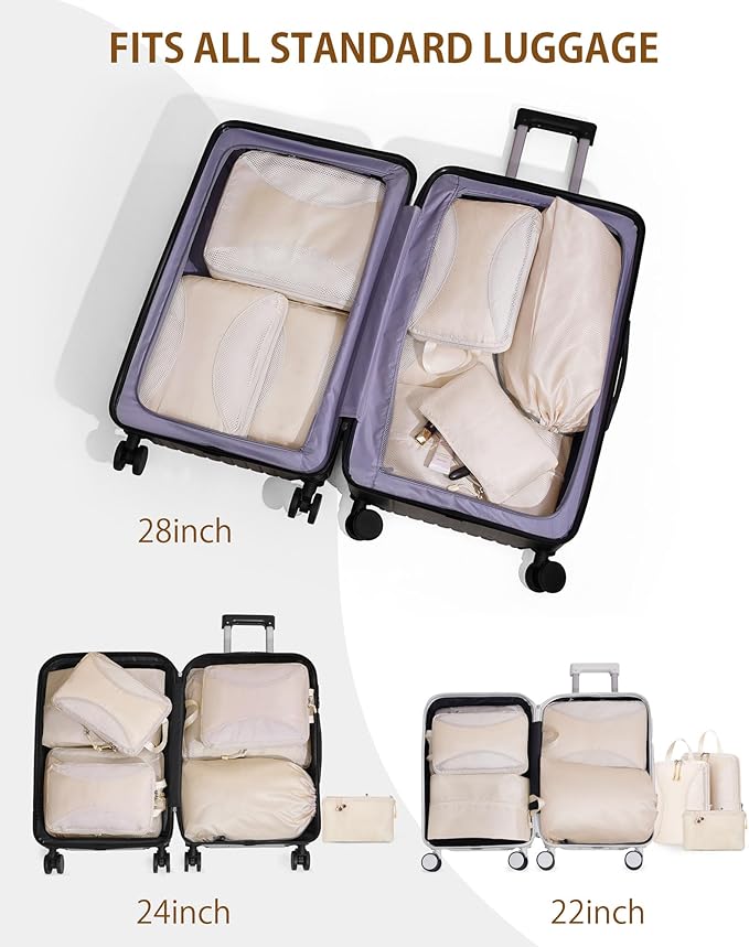 Compression Packing Cubes 8 Sets, Packing Organizers, Extensible Suitcase Organiser Bags, Travel Organizer Cubes for Travel Essentials Beige