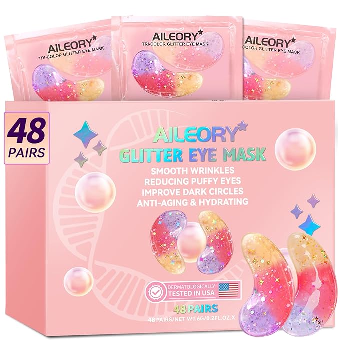 Under Eye Patches (48 Pairs) - Tri-color Glitter Eye Gel Pads for Dark Circles, Puffy Eyes, Under eye Bags, Wrinkles | Natural Collagen Under Eye Mask Patches, Gel Under Eye Patches