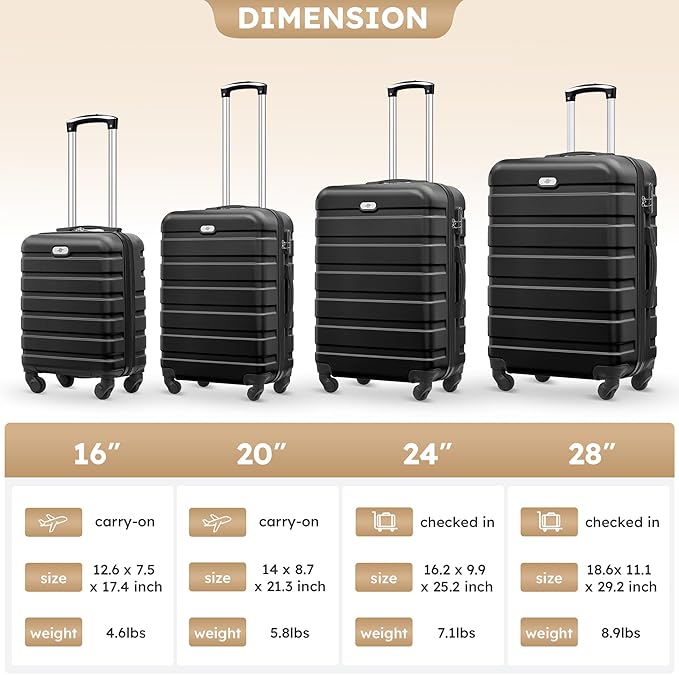 Suitour 4 Piece Luggage Sets, Hard Shell Suitcase Set with Spinner Wheels 16 20 24 28inch Travel Sets(Black)
