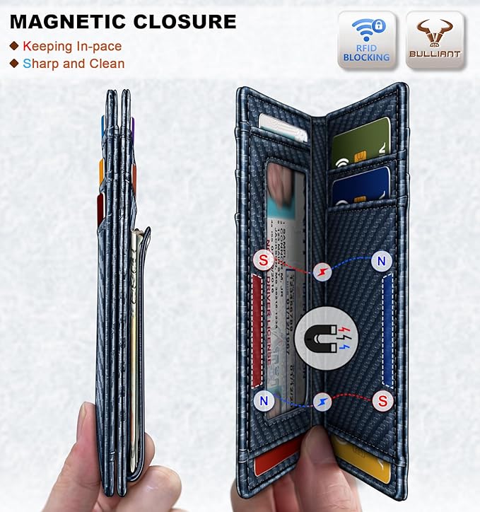 BULLIANT Magnetic Closure Slim Wallet-Genuine Leather Front Pocket Wallet for Men,RFID Blocking,Holds 12 Cards and Money Clip