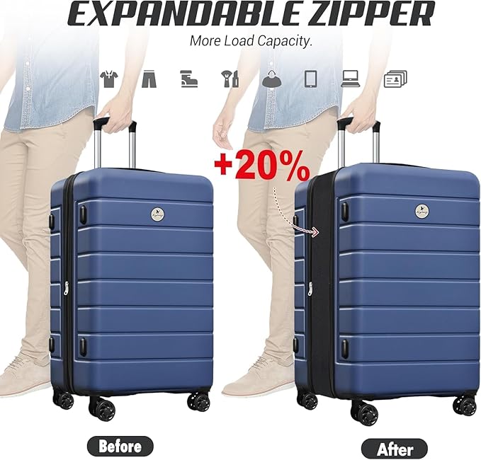 Classic 3-Piece Luggage Set with TSA Lock, Lightweight Suitcase with Spinner Wheels, Hardshell Expandable Carry-On Luggage, 20/24/28 inch, Navy Blue