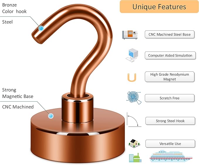Neosmuk Magnetic Hooks,0.4lb Heavy Duty Earth Magnets with Hook for Refrigerator, Extra Strong Cruise Hook for Hanging, Magnetic Hanger for Cabins, Grill (Bronze, 6 Pack)