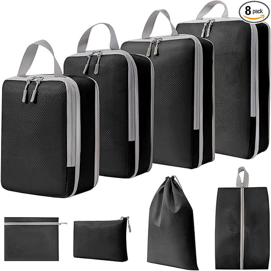 WOOMADA Compression Packing Cubes for Suitcases Travel Essentials 8 Set Expandable Travel Bags Organizer for Luggage(black)
