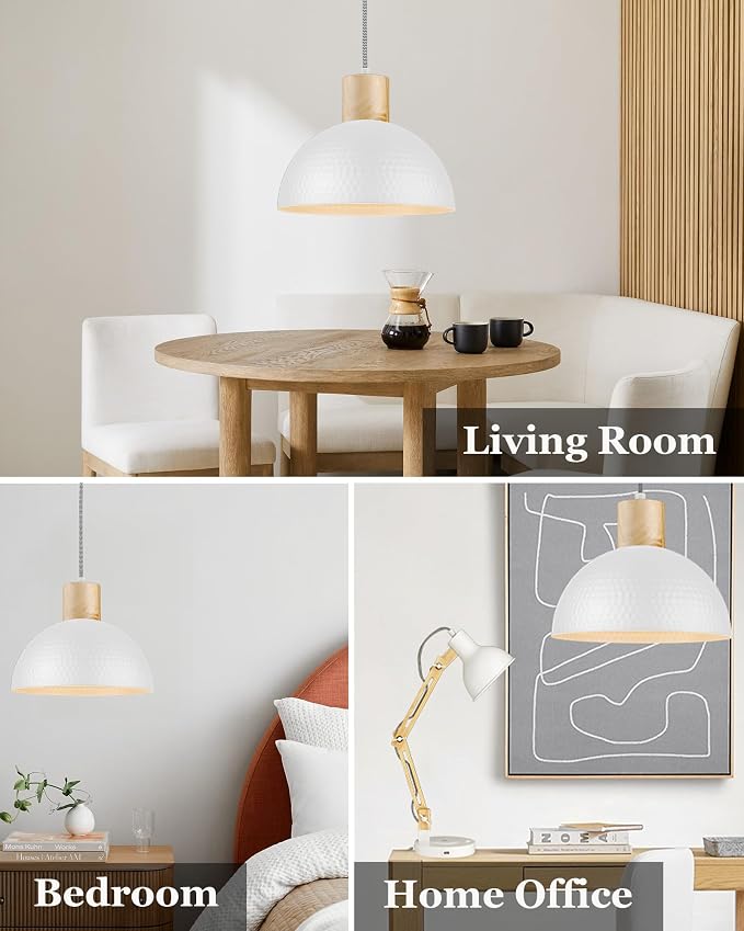ELYONA 12" Hammered Pendant Light, Metal Dome Hanging Lamp Modern Solid Wood Pendant Light Fixtures for Kitchen Island, Farmhouse, Dining Room, Sink, Bedroom, Hallway, Japandi White