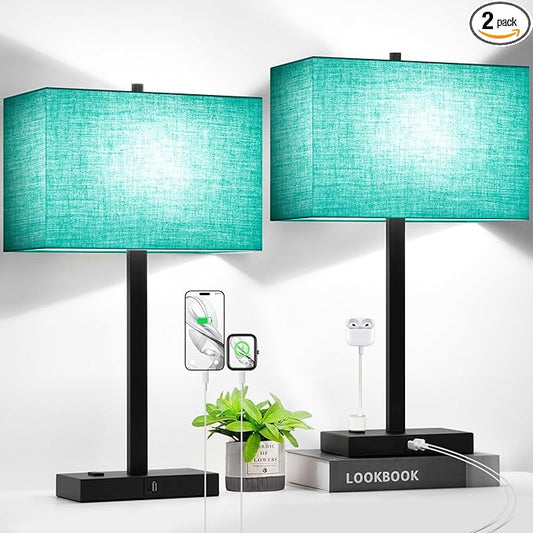 Lynnoland 21" Set of 2 Table lamp with USB A+C & AC Outlets, Touch Control 3-Way Dimmable Nightstand Lamps for Bedroom Living Room Office Reading, Green Shade Touch Lamps, 5000K LED Bulbs Included
