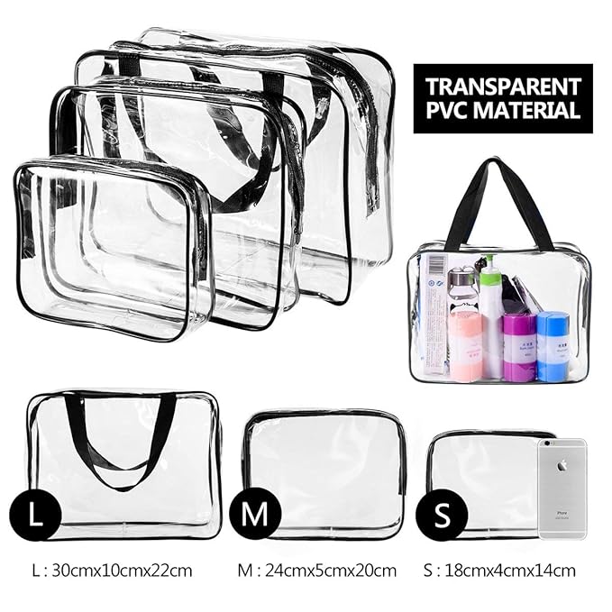 4Pcs Crystal Clear PVC Travel Toiletry Bag Kit for Women Men, Waterproof Vinyl Packing Organizer Storage Bags with Zipper Handle Straps, Cosmetic Pouch Carry on Airport Airline Compliant Bag Handbag