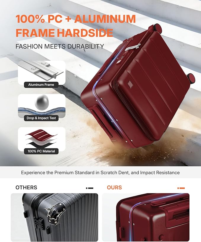 20IN Carry On Luggage,Top Opening Aluminum Frame Hardside 100% PC Airline Approved Suitcase -with TSA Lock,Cup Holder,USB Charge,Side Pothook, 360°Spinner Wheels-Wine Red