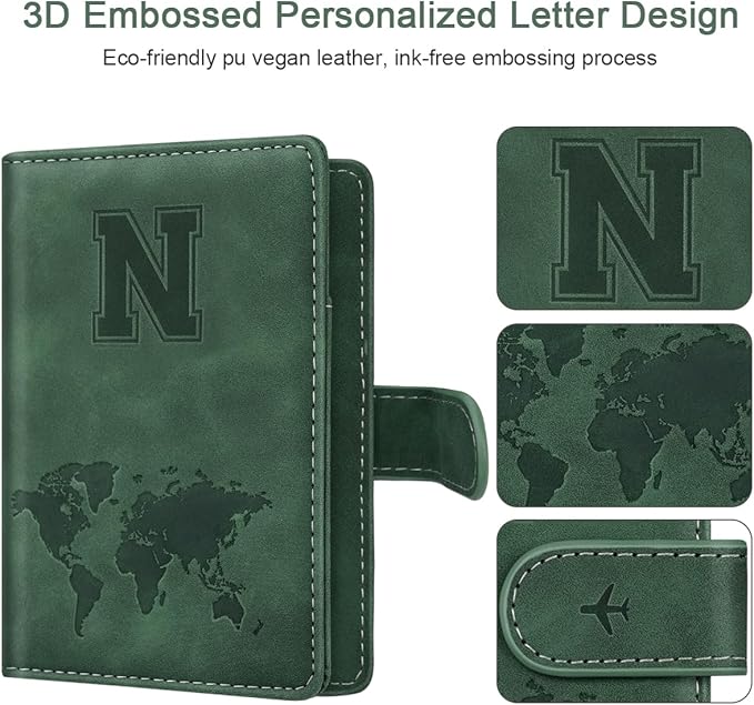 Personalized N Passport Holder Cover Initial Letter Travel Wallet RFID Blocking Passport Cover Credit Card Holder Case Passport Book Holders for Women and Men, Pine Green-N