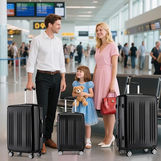 Kono Expandable Luggage 3 Piece Set Hardshell Lightweight 20in 24in 28in Carry On Suitcase with Spinner Wheels TSA Lock(Black)