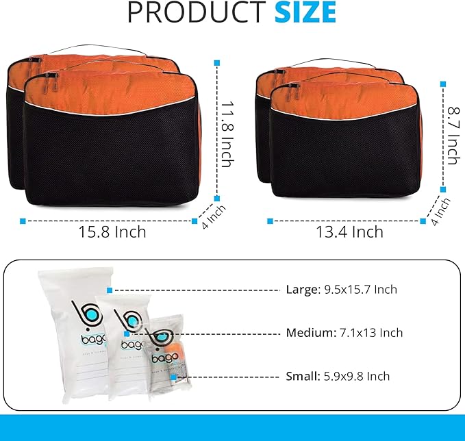 bago 7 Pcs Packing Cubes For Travel - 4 Packing Cube with 3 ZipLock Bags - Travel Cubes to Get Maximum Storage, Save Time & Effort to Pack - Happy Traveling (Orange)