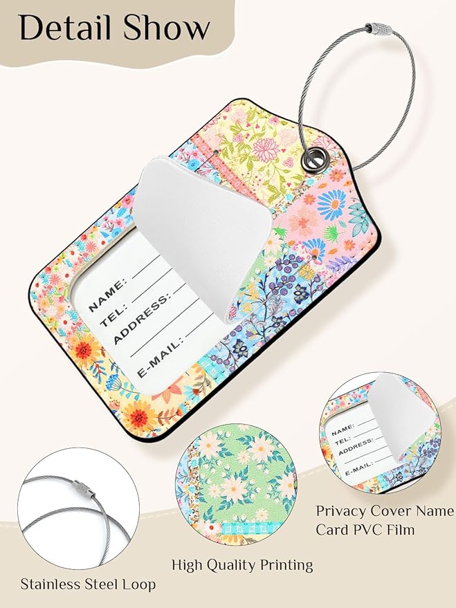 Seorsok 2Pcs Luggage Travel Tags for Suitcases,Colorful Blooming Floral PU Leather Name Tag with Privacy Cover&ID Label Address Card and Durable Metal Ring Suitable for Men Women Handbags Backpack