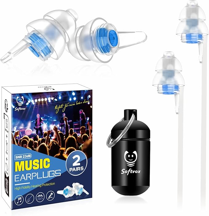 Concert Ear Plugs 2 Pairs, Noise Reduction Music Earplugs for Musicians, DJs, Festival, Raves, Loud Events, Hearing Protection for Adult/Kids 12+, incl Lanyard & Aluminum Case