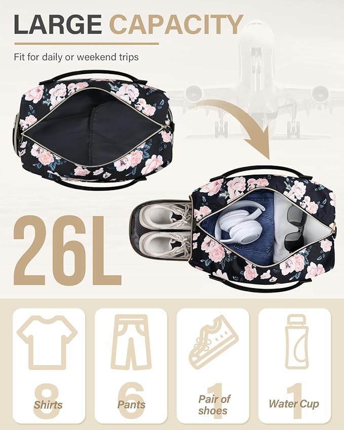 Travel Duffle Bag for Women Large Weekender Overnight Bags Gym Bag with Shoe Compartment Waterproof Hospital Bag Carry On Tote Bag for Airplanes,Black Flower
