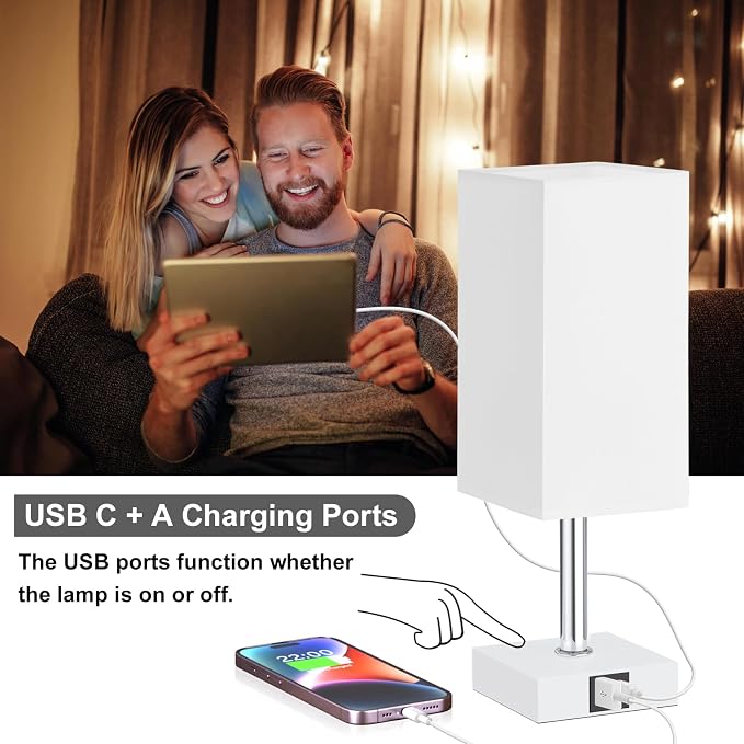 Touch Table Lamp for Bedroom - Dimmable, USB C+A, White Lamphade White Base | 3-Way Dimmable, 3000K LED Bulb Included, Square Lampshade, Cute Room Decor for Teen Girls, Kids, Small Lamp for Dorm, Nursery
