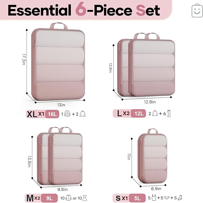 Veken 6/9/11 Set Compression Packing Cubes for Travel Essentials,Compressible Expandable Large Luggage Suitcase Organizer Bags for Clothing,Durable Space Saver Storage Bags(Light Coral)
