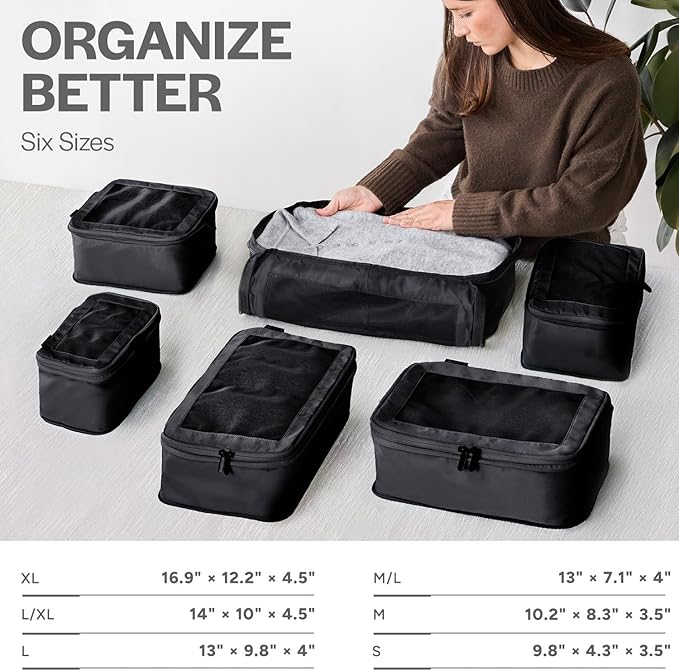 Aerotrunk Compression Packing Cubes for Travel - Luggage Organizer Bags - Double Zipper Packing Cubes for Suitcases (12-Pack, Black)