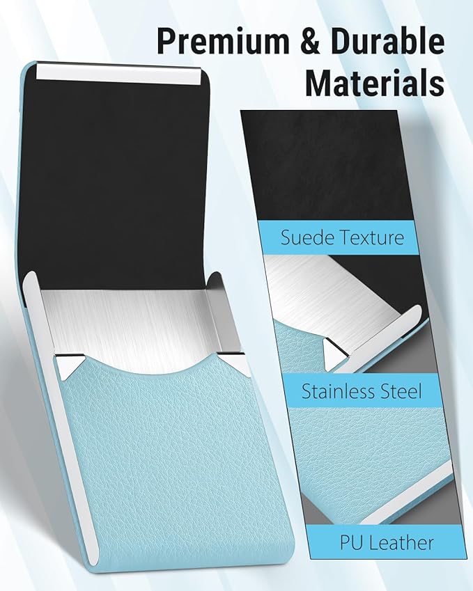 MaxGear Business Card Holder, Slim PU Leather & Stainless Steel Business Card Case for Men & Women, RFID Blocking Name Card Holder with Magnetic Closure, Light Blue