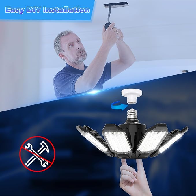 Garage Lights - Super Bright 250W LED Garage Ceiling Light w/ 8 Deformable Panels 6500K Led Light Bulb Srew in E26/E27 Socket with Adjustable Center Spotlight for Barn Workshop Attic - 4Pack