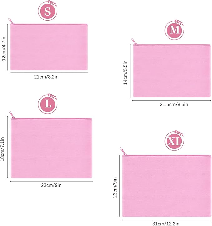 12 Pieces Cotton Canvas Makeup Bag, Multipurpose Cosmetic Bag with Zipper Travel Toiletry Pouch, Blank DIY Craft Bag (Pink, XL)