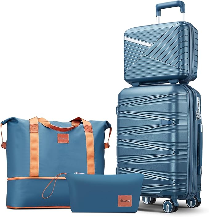 4 Piece Carry On Luggage Set 20 Inch, Expandable PP Hardshell Suitcase with Detachable Spinner Wheels TSA Lock, Includes Cosmetic Case, Travel Tote & Toiletry Bag, Lightweight (Peacock Blue)