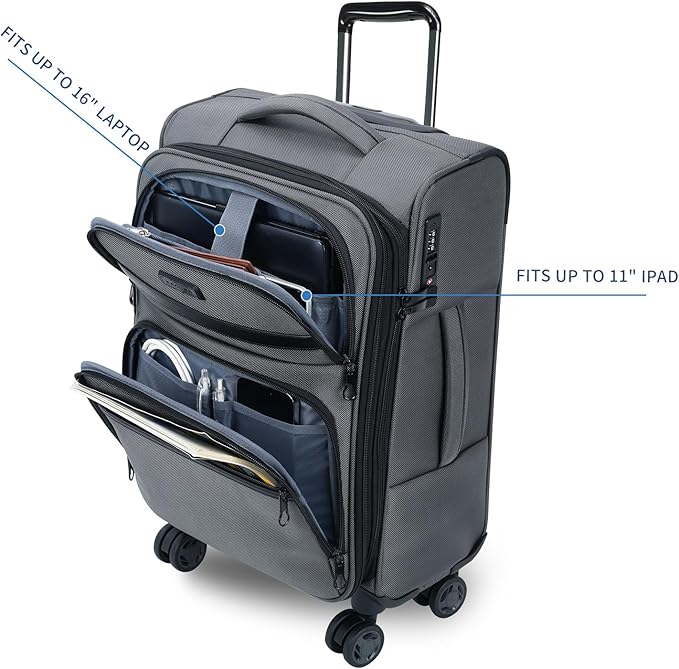 KROSER Softside Expandable Carry On Luggage with Front Business Pockets，20 Inch Suitcases with Spinner Wheels & Built-in TSA Lock, Durable Suitcase Rolling Luggage with USB Port, Grey