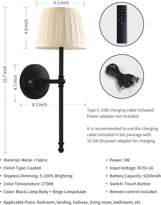 KDG Black Cordless Wall Sconces Set of 2, Beige Fabric LED Wall Lamps | Wireless Small Rechargeable Battery, Portable Lighting for Wall Painting, Living Room, Bedroom, Hallway, Gifts, Night Light