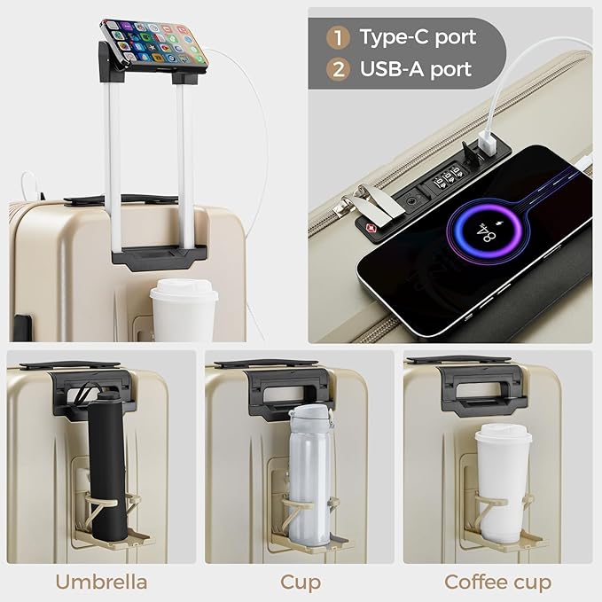 Carry on Luggage Top opening Suitcases, Expandable with Cup Holder and USB Charging Port,Lightweight with Front Pocket Rolling Suitcases with Spinner Wheels