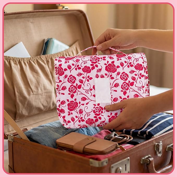 Pengxiaomei Hanging Toiletry Bag, Red Roses Waterproof Cosmetic Bag Portable Makeup Pouch Travel Wash Bag with Handle for Kids Teen Girls Spring Party Mothers Day Gifts