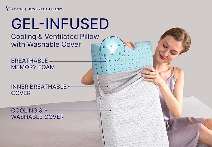 Vaverto Queen Memory Foam Pillow – Cooling Gel-Infused Firm Support for Neck and Shoulder Pain Relief, Orthopedic Design with Removable Viscose Made from Bamboo Cover – Premium Queen Size Bed Pillow