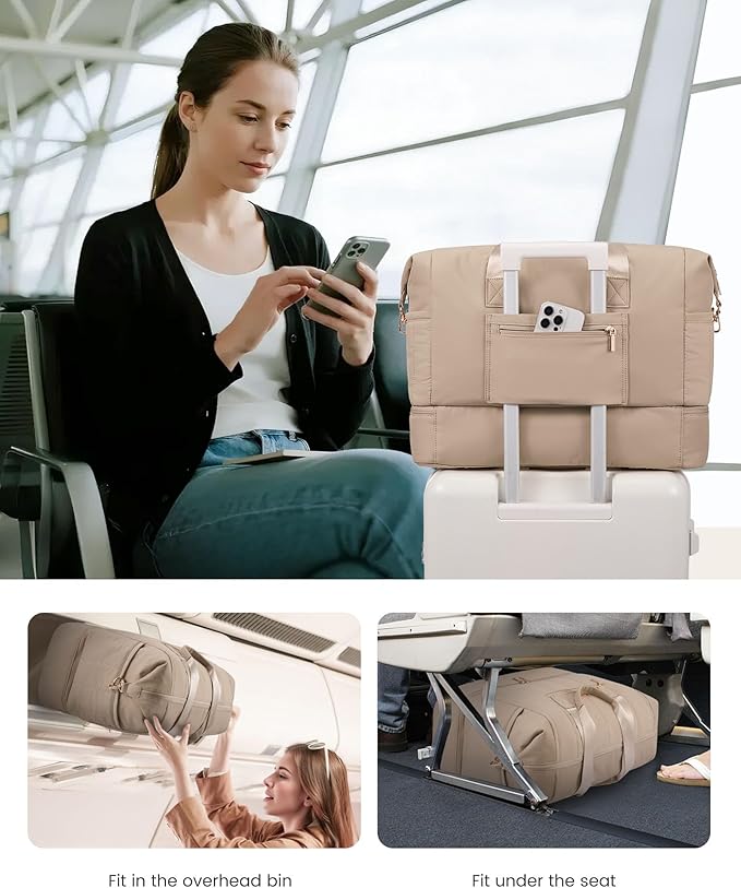 LOVEVOOK Travel Duffle Bag,Puffer Weekender Bags For Women with Shoe Compartment,42L Carry On Overnight Duffel Bag For Airplanes,Hospital Bag for Labor and Delivery,2Pcs Set