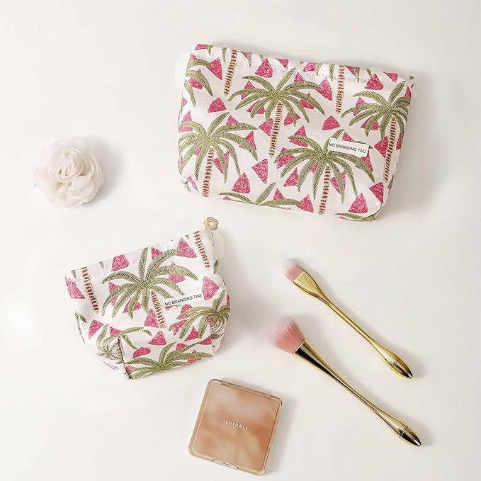 HAPPYHEIDI Makeup Bag Set 2, Cute Cosmetic Pouch, Coconut Trees Pattern, Cotton Blend, Floral, Zipper, 2 Count