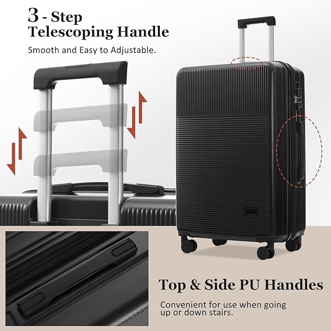 Merax Luggage Sets 5 Piece with Half-opening, Hardside 20" Carry On Suitcase Set with USB Port,Lightweight Travel 24" 28" Luggage with Bags TSA Locks Double Spinner Wheels,Black