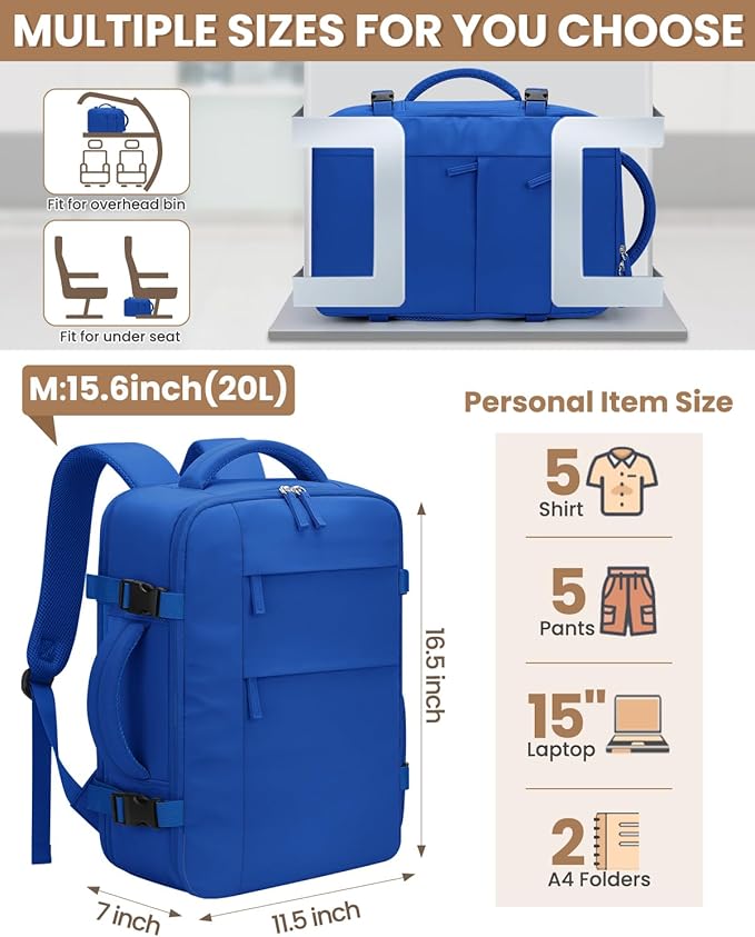 Pritent Travel Backpack for Women Man, Waterproof Personal Item Travel Bag Airline Approved Laptop Backpack Bookbag Weekender bags for Business,Travel, Work Fits 15.6 inch Laptop(Medium,Royal Blue)