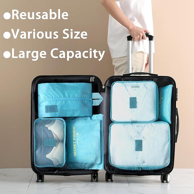 INVODA 7 piece Multi-size Packing Cubes for Travel Suitcase Organizer Bags Lightweight Travel Bags (Sky Blue)