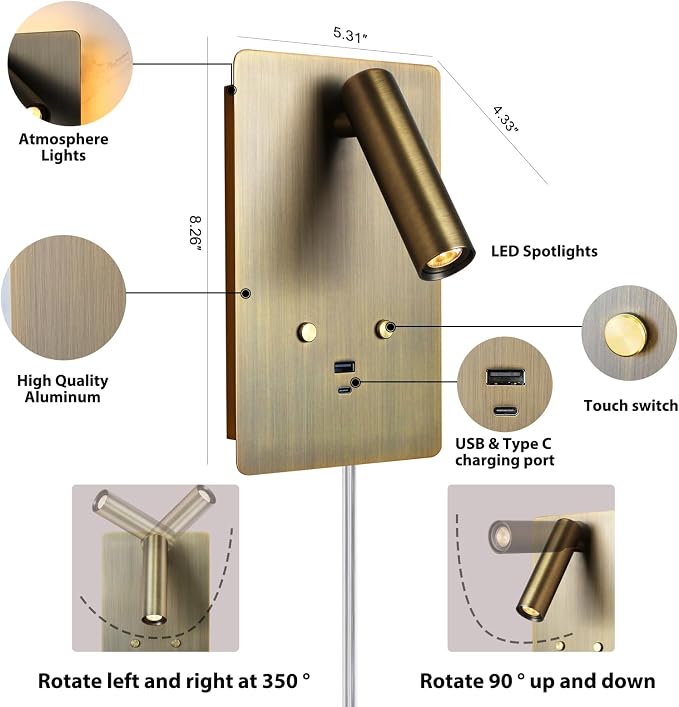 ZEROUNO Wall Mounted Reading Light Set of 2,Dimmable Adjustable Headboard Plug in Wall Sconce with USB A+C Ports,Touch Control Wall Light for Bedroom Bedside Lamps