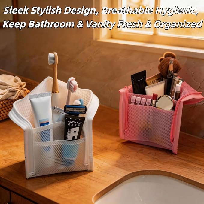 2PCS Standing Toiletry Bag, Foldable Clear Hanging Travel Cosmetic Bag, Large Capacity Waterproof EVA Organizer for Toothbrush & Toiletries (Pink+White)