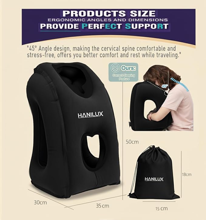 Inflatable Travel Pillows for Airplanes, Blow Up Travel Pillow for Train Office Car with Chin and Neck Support, Inflatable Travel Pillow for Sleep Support with Eye Mask,Storage Bag & Earplugs (Black)