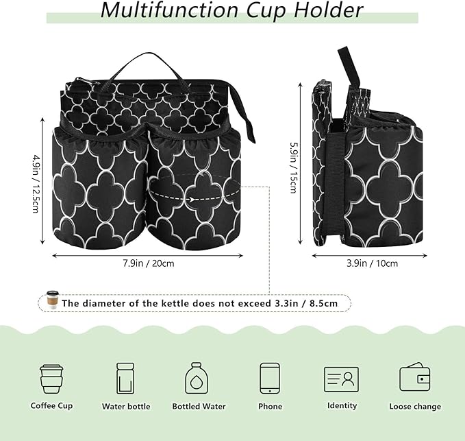 Luggage Cup Holder for Suitcases Free Hands Travel Cup Holder Portable Suitcase Cup Drink Holder Luggage Cup Caddy Bag Carrier Black Quatrefoil